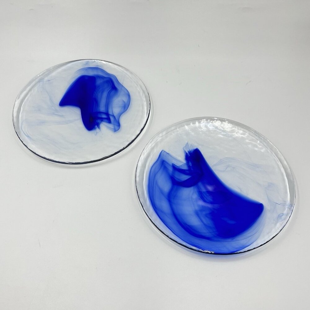 2 Bormioli Rocco Murano Cobalt Blue Swirl Clear Glass Salad‎ Plates 8" Vintage